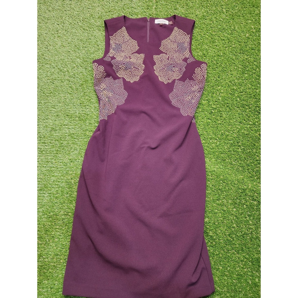 Calvin Klein Dress Small Purple Sheath Back Zip Sleeveless Beaded Cocktail